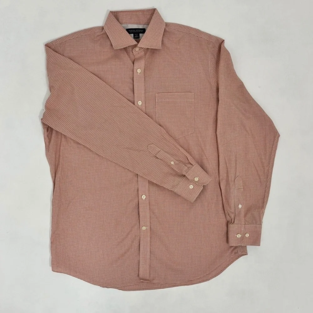 Banana Republic Men’s L 16-16.5 Orange White Plaid‎ Dress Shirt Non Iron Cotton